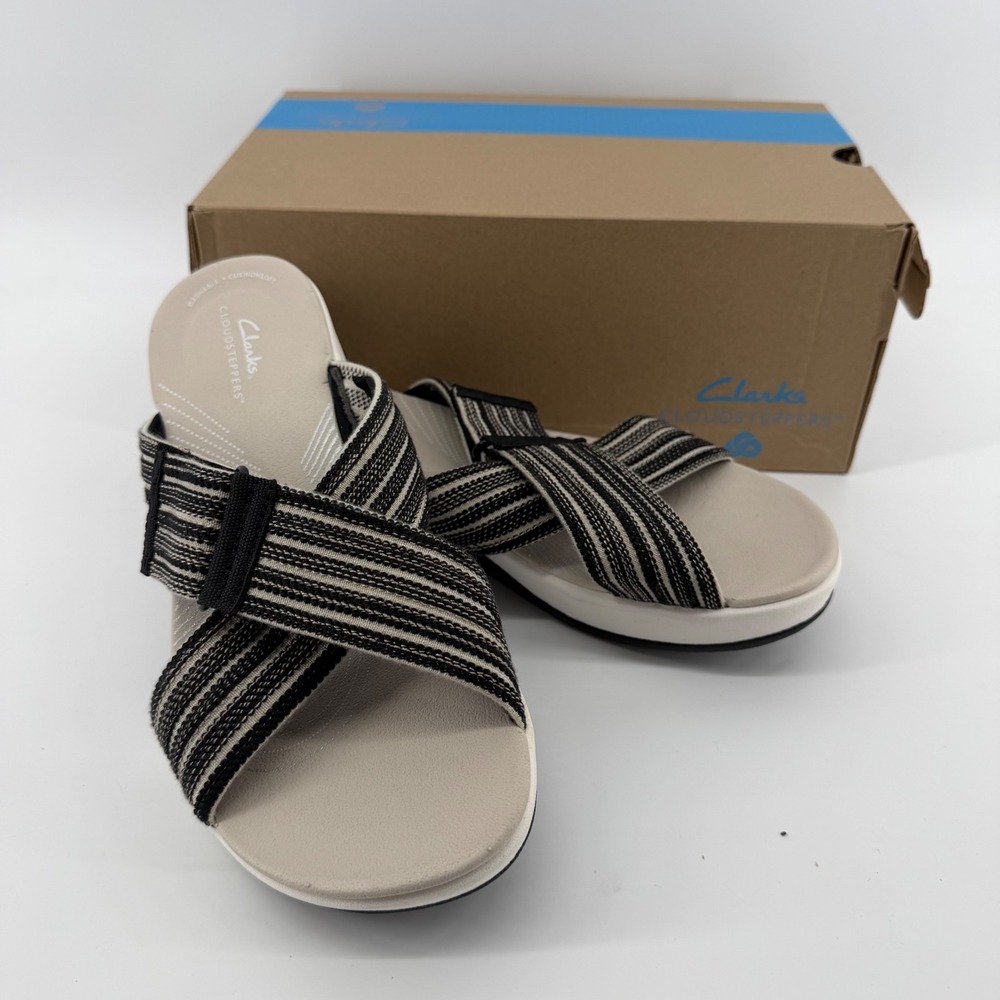 Clarks Sandals Womens 10 Black Arla Wave Cloudsteppers Striped Slide Wedge New